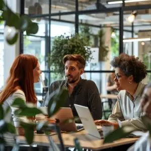 Group of professionals discussing IT solutions in a modern workspace, with laptops and greenery, reflecting collaboration in managed IT and cybersecurity.