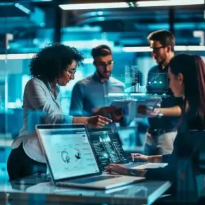 Group of professionals discussing IT solutions in a modern office, with laptops displaying data analytics and cybersecurity graphics.