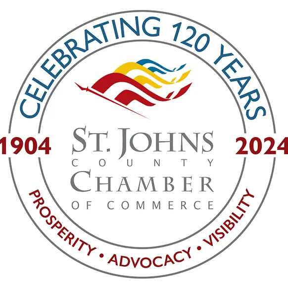 St. Johns County Chamber of Commerce logo celebrating 120 years, featuring the text "Celebrating 120 Years," with "St. Johns County Chamber of Commerce" and keywords "Prosperity, Advocacy, Visibility."