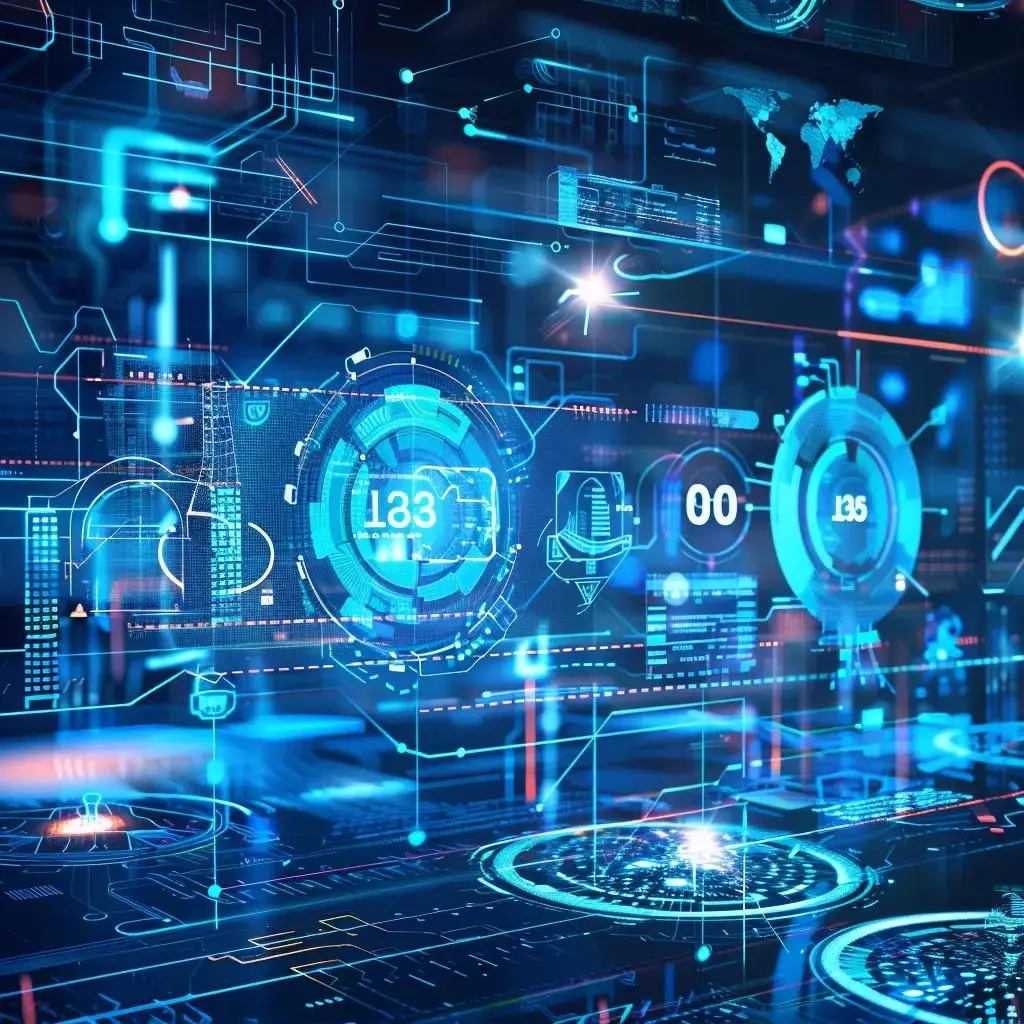 Digital interface showcasing advanced technology features and data analytics, with glowing blue graphics, numerical displays, and interconnected circuits, emphasizing IT management and infrastructure.