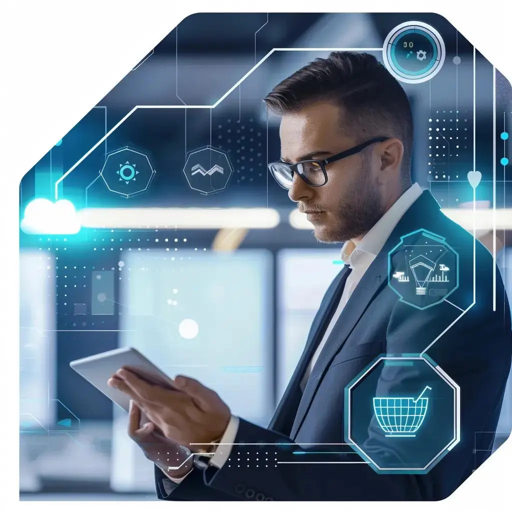 Business professional using a tablet with digital interface elements, representing IT management and technology solutions related to Managed Service Providers (MSPs).