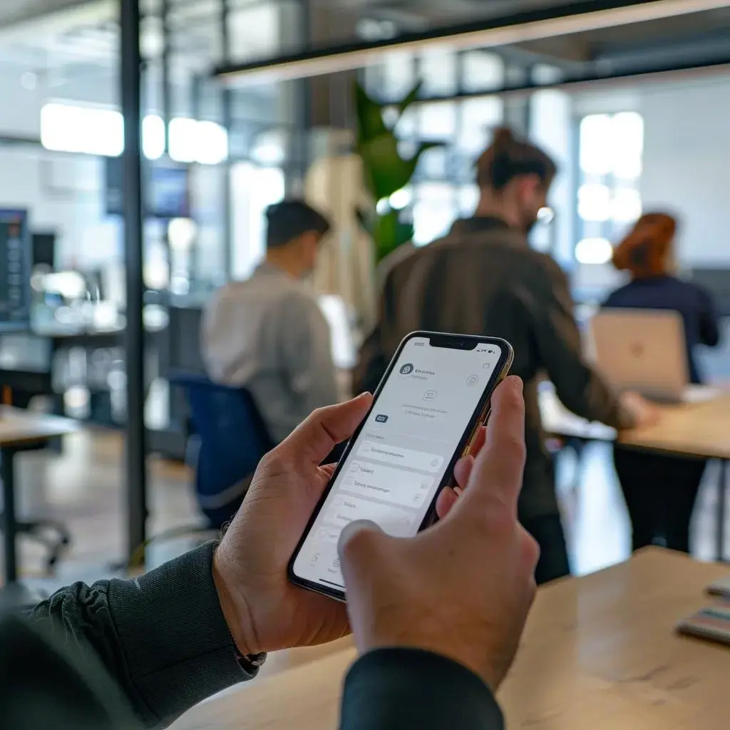 Person using smartphone displaying password management app in modern office setting, emphasizing cybersecurity and password security for small and medium-sized businesses.