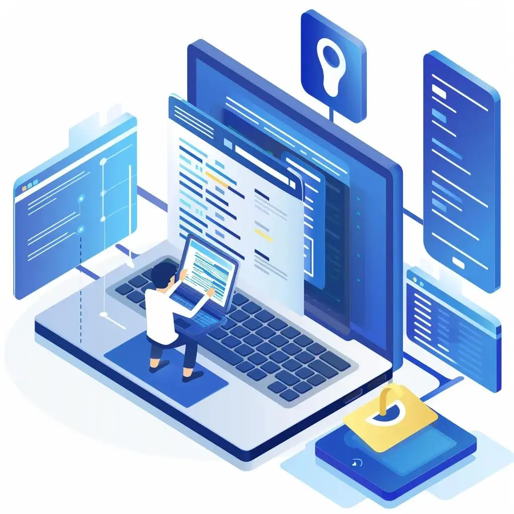 Person working on a laptop surrounded by digital security elements, illustrating password management and cybersecurity concepts.