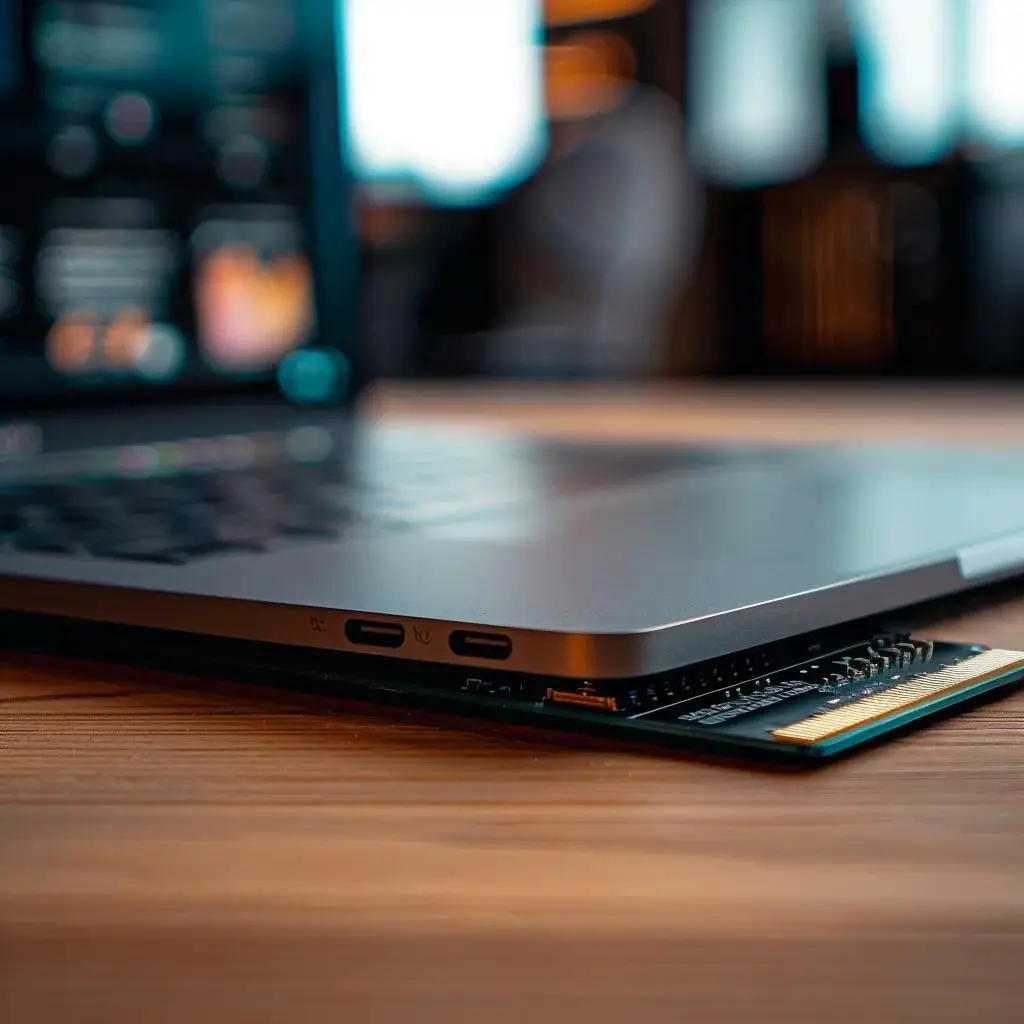 Laptop with USB-C ports and RAM module on wooden desk, illustrating IT hardware for SMBs and the importance of timely upgrades.