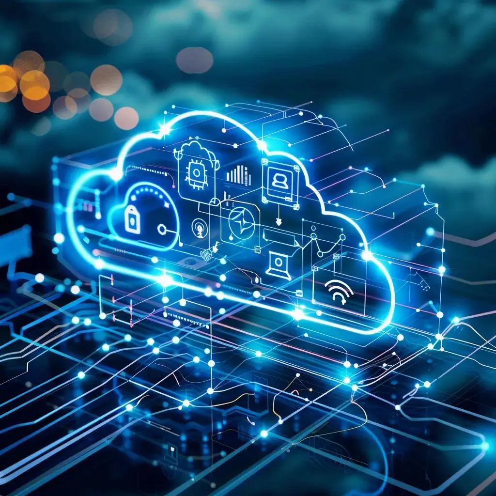 Cloud computing graphic with cybersecurity icons and data connections, representing IT solutions and services for local businesses.