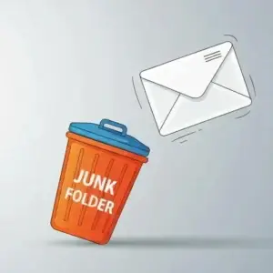 Illustration of an orange trash can labeled "JUNK FOLDER" with an envelope being tossed into it, representing email management and cybersecurity concerns.