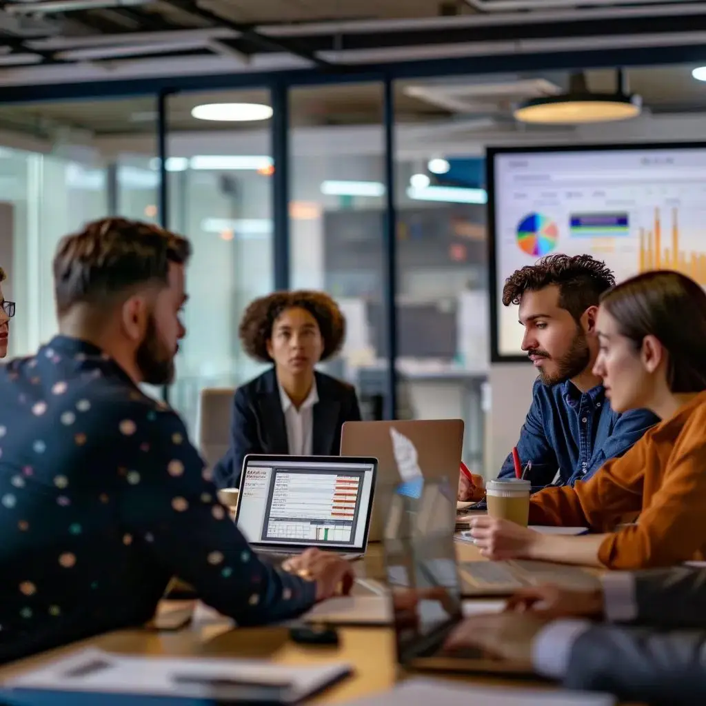Business meeting with diverse team discussing cybersecurity strategies, laptops displaying data analytics, emphasizing strong password management for SMBs.