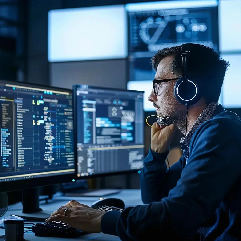 IT professional using multiple monitors for cybersecurity analysis and data management, emphasizing managed IT services and security solutions for local businesses.