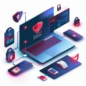 Laptop surrounded by cybersecurity icons, including locks and shields, representing IT security and data protection services offered by Clear Sailing IT Solutions.