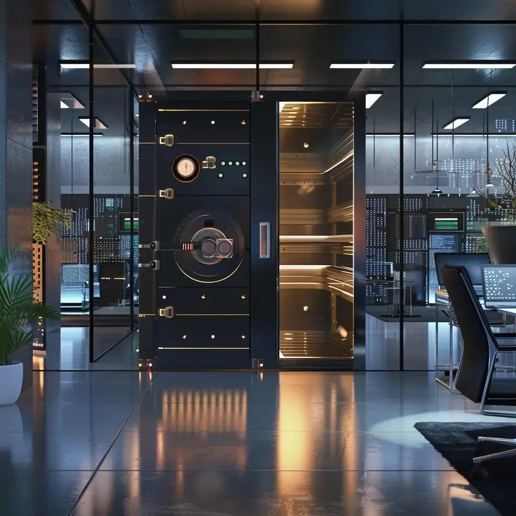 Secure vault door in a modern office setting, symbolizing cybersecurity and data protection for businesses.