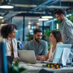 Group of professionals collaborating in a modern office environment, discussing IT solutions and strategies for managed services and cybersecurity.